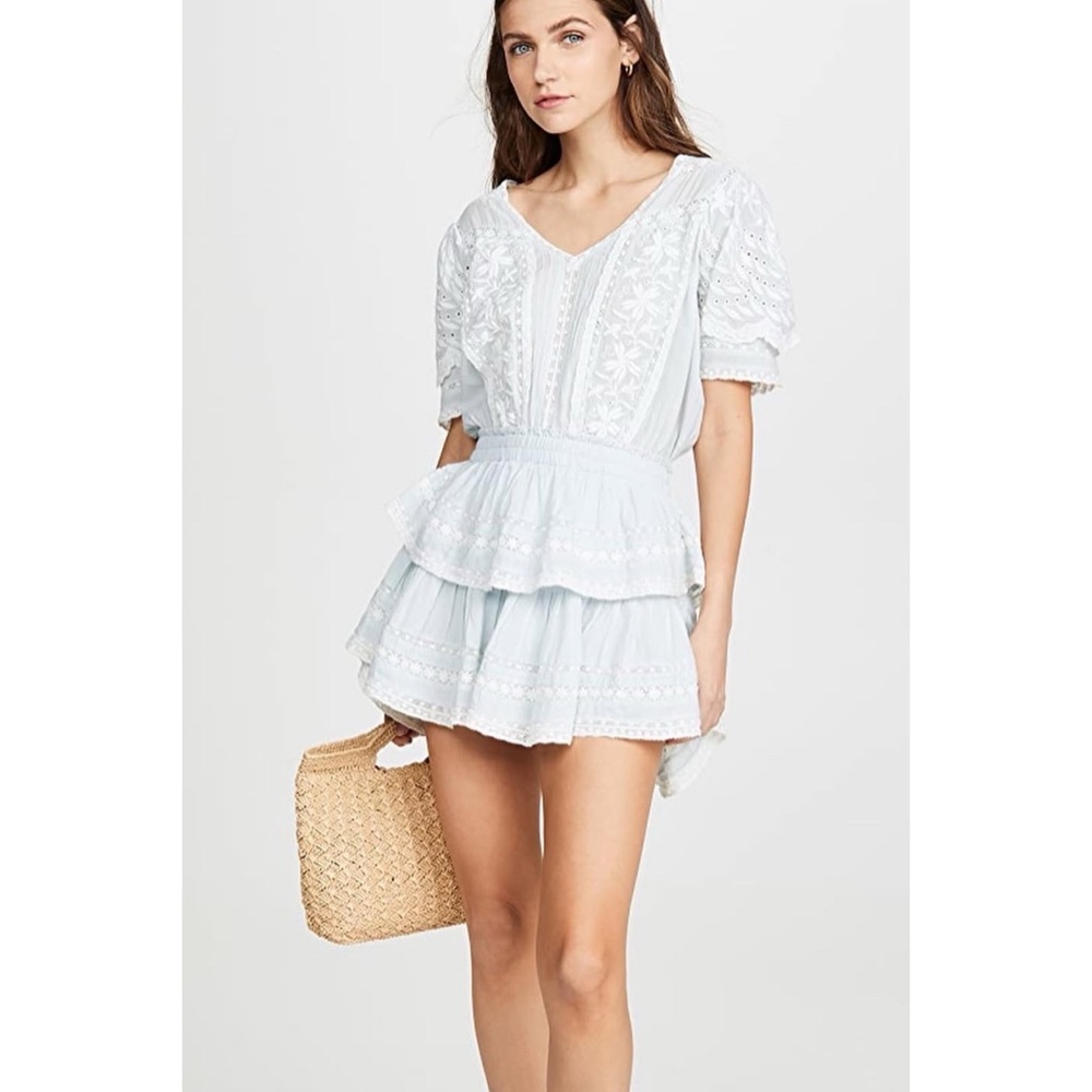 LoveShackFancy /Marissa Riviera Floral Embroidered Puff Sleeve V-Neck Mini Dress